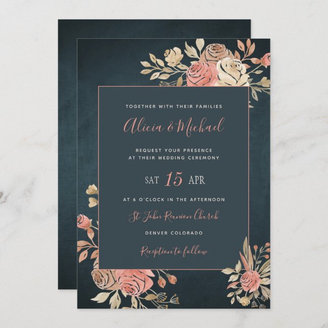 Peach Blush Moody Floral Dark Navy Blue Wedding Invitation (Front/Back)
