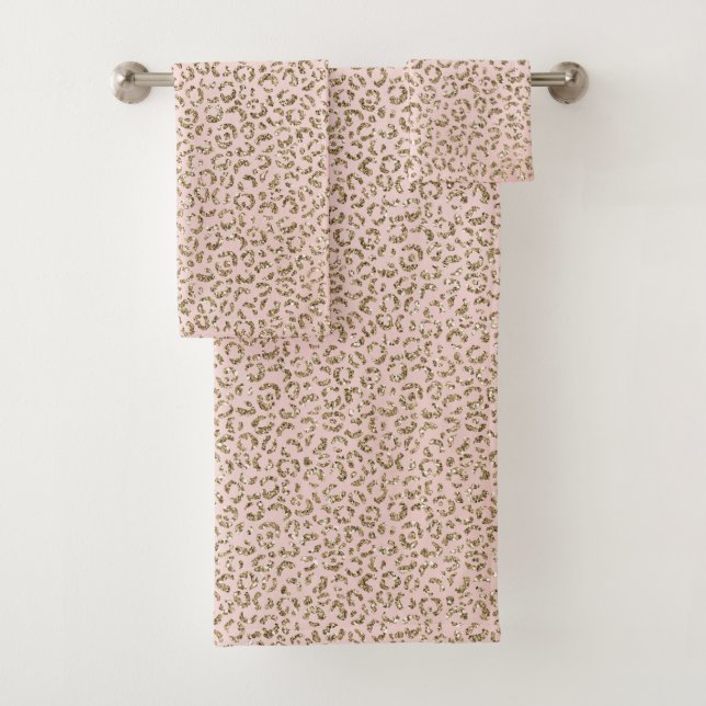Peach Blush Pink Glitter Gold Leopard Print     Bath Towel Set (Insitu)