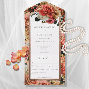 Peach Blush & Pink Rustic Roses Dinner All In One Invitation