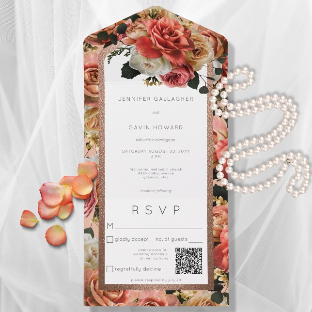 Peach Blush & Pink Rustic Roses QR Code All In One Invitation (Creator Uploaded)