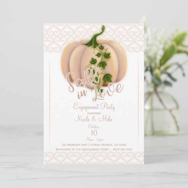 Peach Blush Pumpkin FALL IN LOVE Engagement Party Invitation (Standing Front)