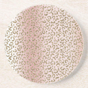 Peach Blush Rose Gold Glitter Leopard Print Coaster