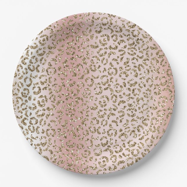 Peach Blush Rose Gold Glitter Leopard Print     Paper Plate (Front)