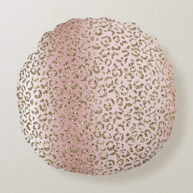 Peach Blush Rose Gold Glitter Leopard Print   Round Cushion (Front)