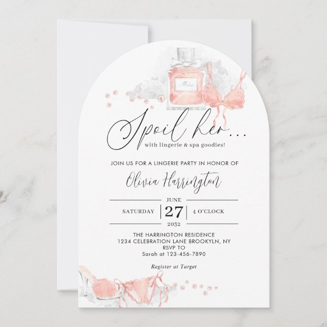 Peach Blush Spoil Her Lingerie Bridal Shower Arch Invitation (Front)