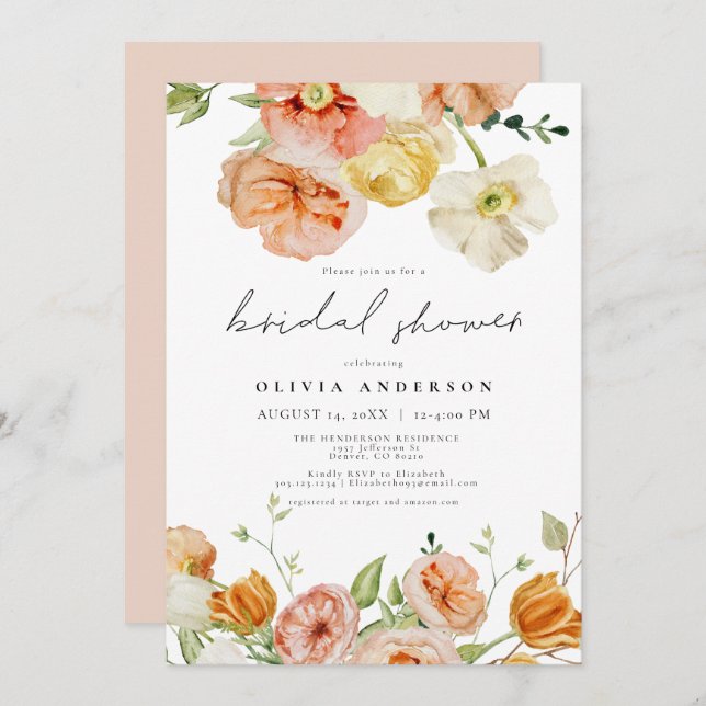 Peach & Blush Spring Floral Bridal Shower Invitation (Front/Back)