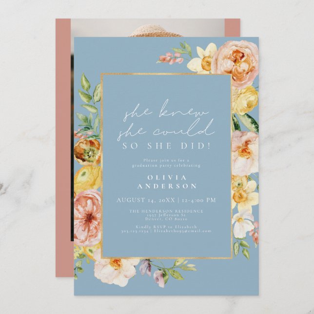 Peach Blush Spring Floral Dusty Blue Graduation  Invitation (Front/Back)