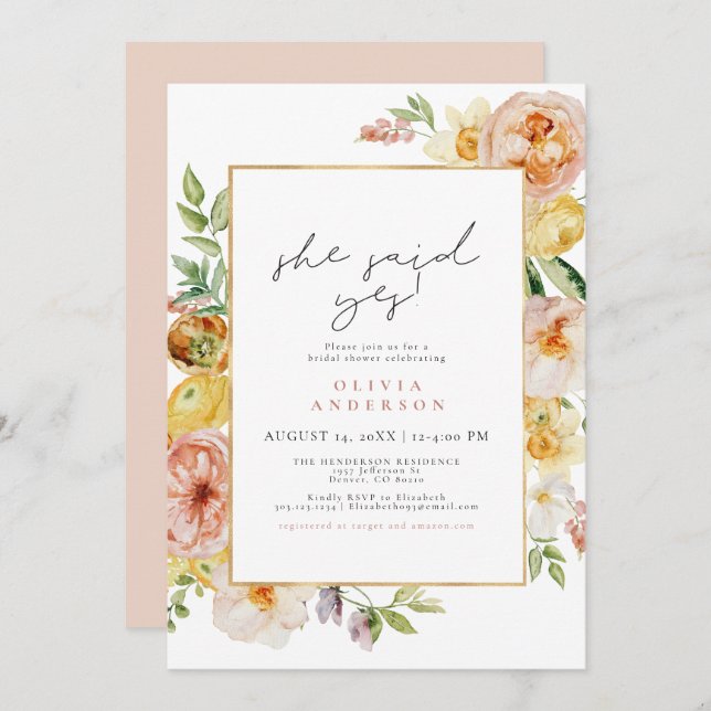 Peach & Blush Spring Wildflower Bridal Shower Invitation (Front/Back)