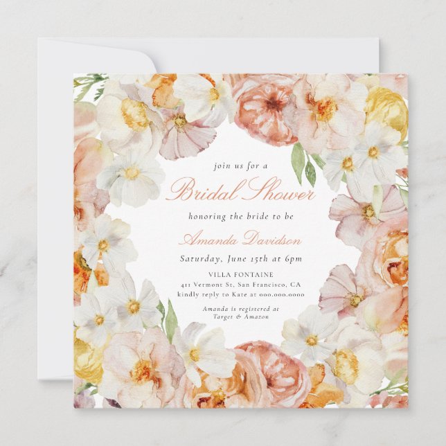 Peach Blush Summer Flowers Romantic Bridal Shower Invitation (Front)