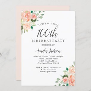Peach Blush Watercolor Floral 100th Birthday Party Invitation