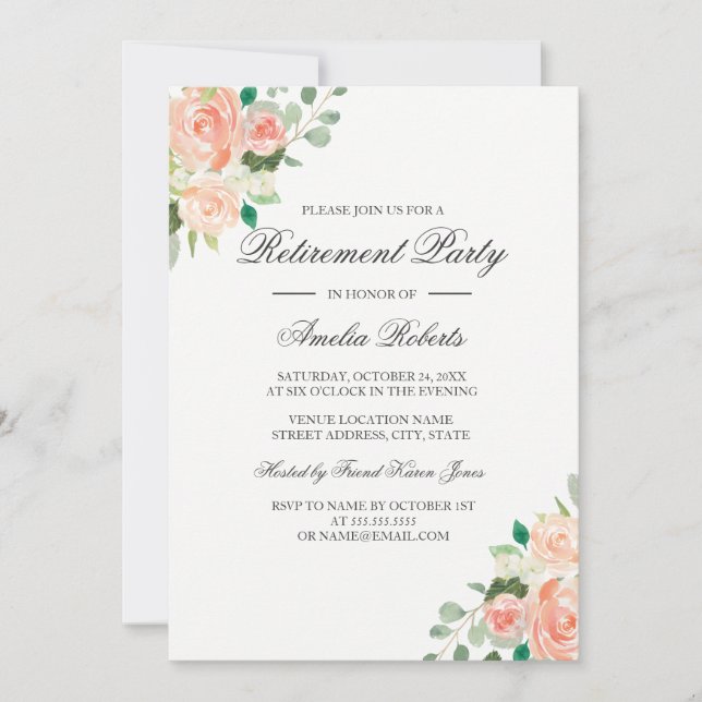 Peach Blush Watercolor Floral Retirement Party Invitation (Front)