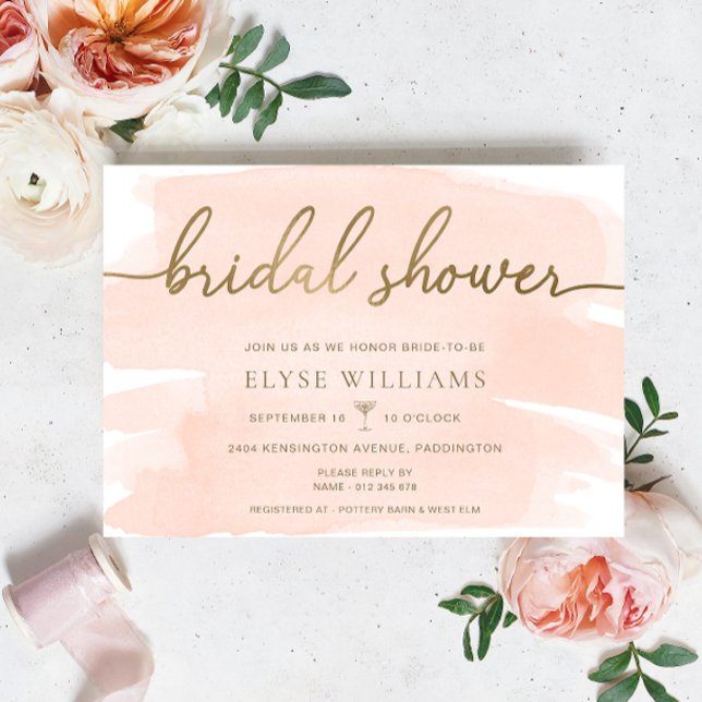 Peach Blush Watercolour Gold Bridal Shower Invitation (Bridal Shower Invitation Cream Watercolour Gold )
