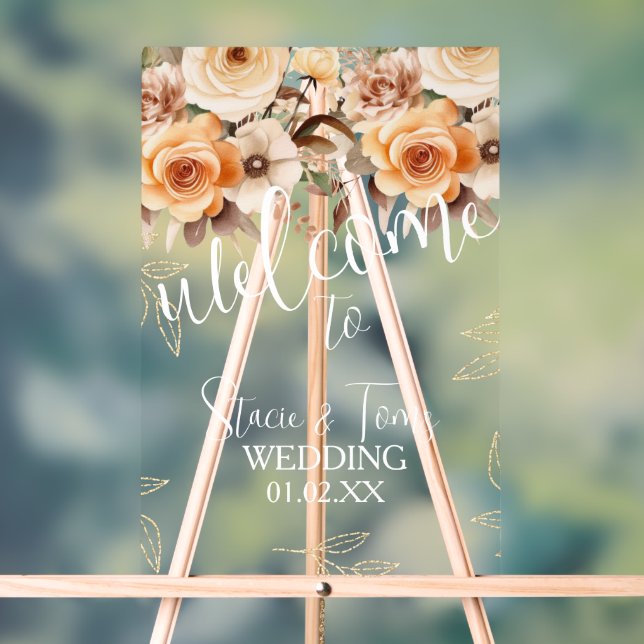 Peach Bohemian Botanical Florals Gold Wedding Acrylic Sign (Neutral)