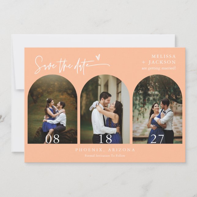 Peach Boho Arch Photo QR Code Save the Date Invitation (Front)