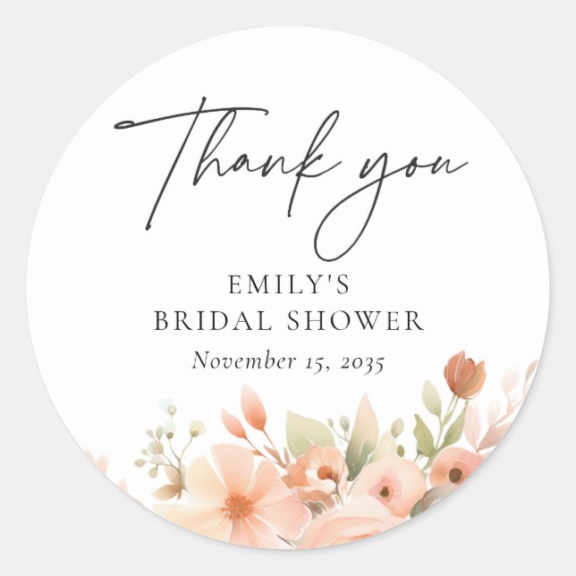 Peach Boho Floral Bridal Shower Classic Round Sticker (Front)