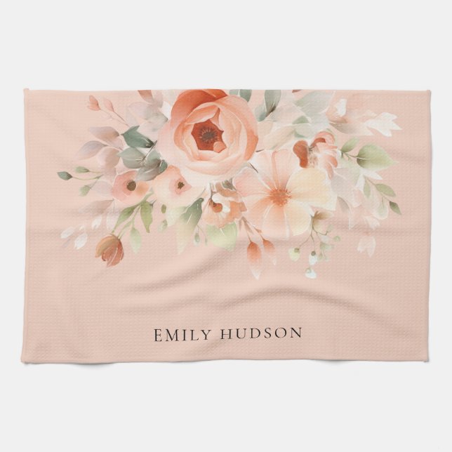 Peach Boho Floral Tea Towel (Horizontal)