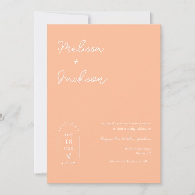 Peach Boho Modern Wedding Photo QR Code RSVP  Invitation (Front)