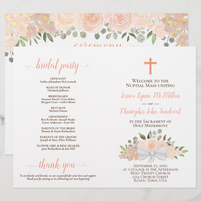 Peach Boho Roses DIY Fold Catholic Wedding Program (Front/Back)
