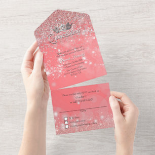 Peach Bokeh and Glitter Quinceañera  All In One Invitation