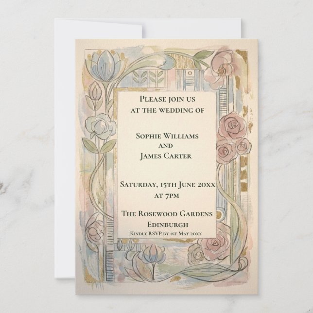 Peach Botanical Art Nouveau Wedding Invitation (Front)