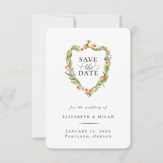 Peach Botanical Crest Save The Date Announcement (Front)