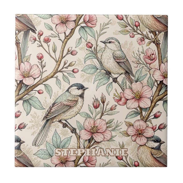 Peach Botanical Songbird Black Ink Floral Pattern Ceramic Tile (Front)