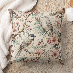 Peach Botanical Songbird Black Ink Floral Pattern Cushion