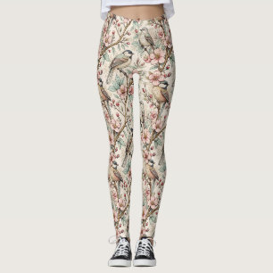Peach Botanical Songbird Black Ink Floral Pattern Leggings