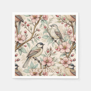 Peach Botanical Songbird Black Ink Floral Pattern Napkin