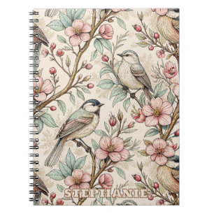 Peach Botanical Songbird Black Ink Floral Pattern Notebook