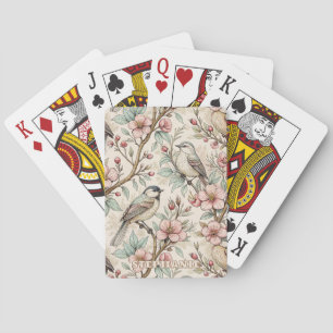 Peach Botanical Songbird Black Ink Floral Pattern Playing Cards
