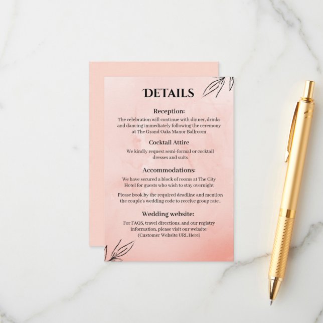  Peach Botanical Wedding Details Card (Front/Back In Situ)