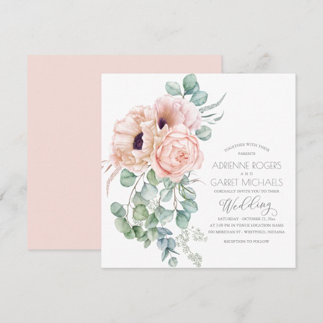 Peach Bouquet & Eucalyptus Greenery Wedding Invitation (Front/Back)