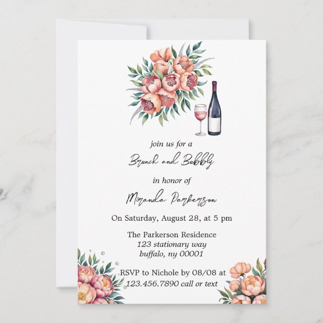 Peach Bouquet with Diamonds Brunch and Bubbly Invitation (Front)
