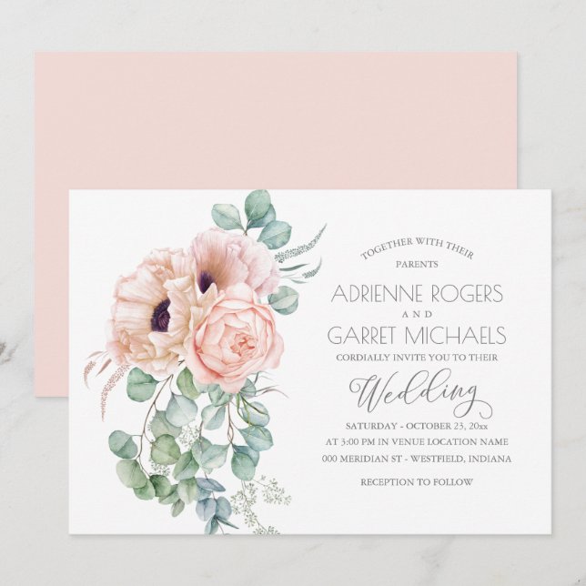 Peach Bouquet With Eucalyptus Greenery Wedding Invitation (Front/Back)