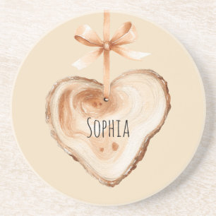 Peach Bow Faux Wood Heart Coaster