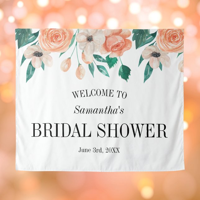 Peach Bridal Shower Backdrop Personalised Floral Tapestry (Peach Bridal Shower Backdrop Personalized Floral
)