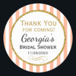 Peach Bridal Shower Thank You For Coming Favour Ta Classic Round Sticker<br><div class="desc">Elegant bridal shower stickers featuring peach and white stripes with sophisticated gold glitter accent frame. These fashionable and stylish bridal shower favour tags stickers will be a hit for any wedding shower party! They say "Thank you for coming" with the bride's name and date.</div>