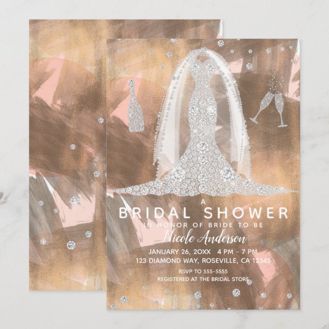 Peach Bronze Diamond Wedding Dress Bridal Shower Invitation (Front/Back)