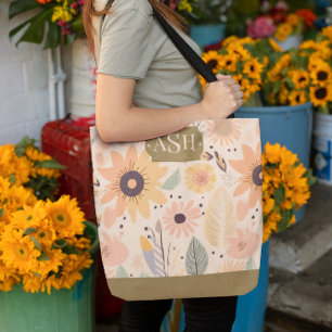 Peach Brown Floral Monogram Tote Bag