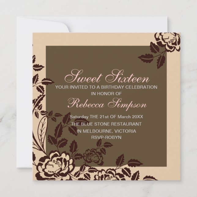 Peach & Brown Rose Sweet 16 Birthday Invitation (Front)