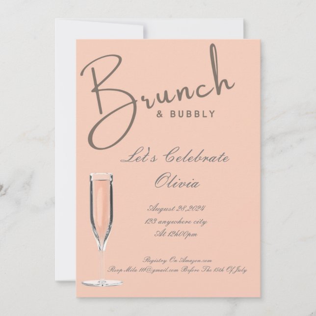 Peach brunch and bubbly bridal shower invitation  (Front)