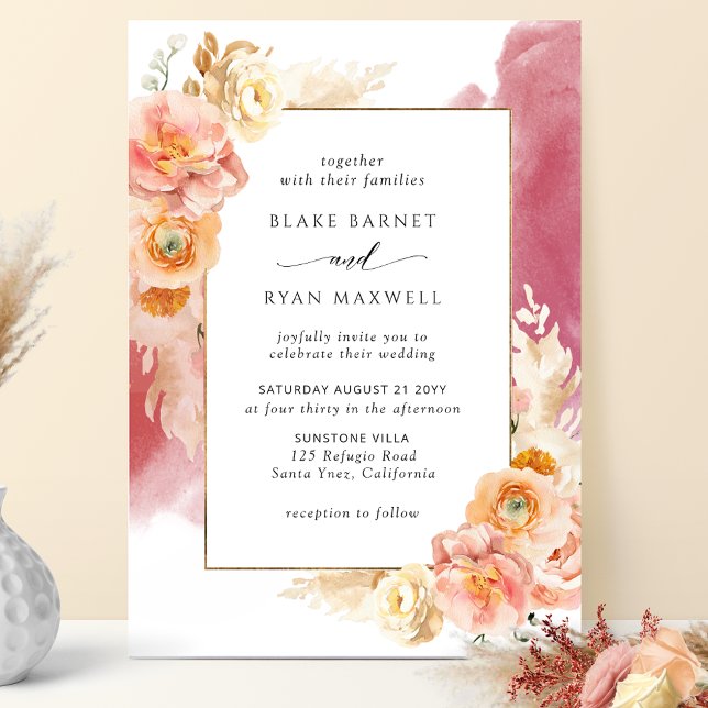 Peach Burgundy Blush Floral,  Watercolor Wedding Invitation (Creator Uploaded)