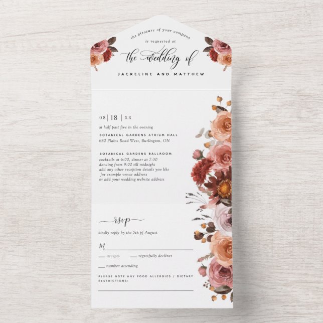 Peach, Burgundy Blush Floral Wedding RSVP Dietary  All In One Invitation (Inside)