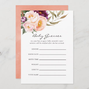 Peach & Burgundy Floral Baby Shower Guessing Game Invitation