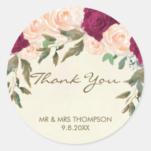 peach burgundy floral thank you favours sticker