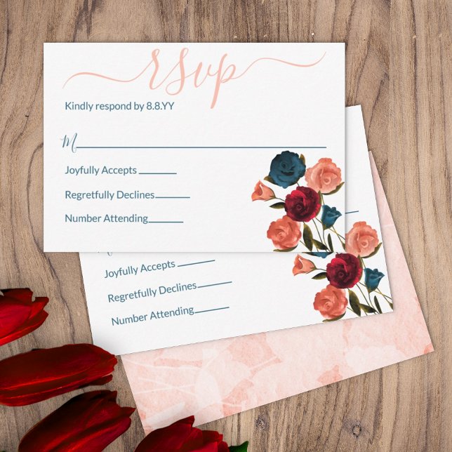 Peach, Burgundy, Teal Green Roses RSVP Advice Card (summer sangria wine burgundy red peach wedding rsvp enclosure cards outdoor garden wedding botanical)