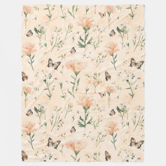 Peach Butterflies Floral Fleece Blanket (Front)