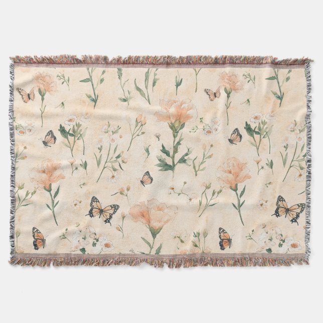 Peach Butterflies Floral Throw Blanket (Front)