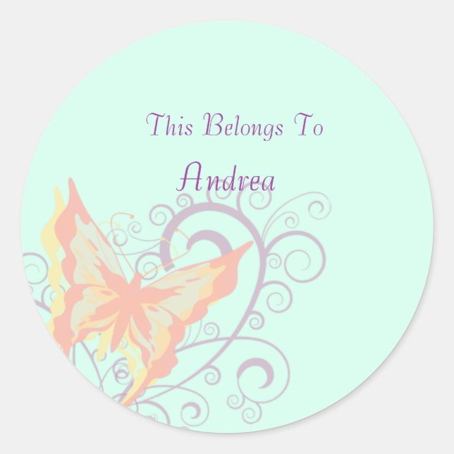 Peach Butterfly and Purple Swirls Name Template Classic Round Sticker (Front)